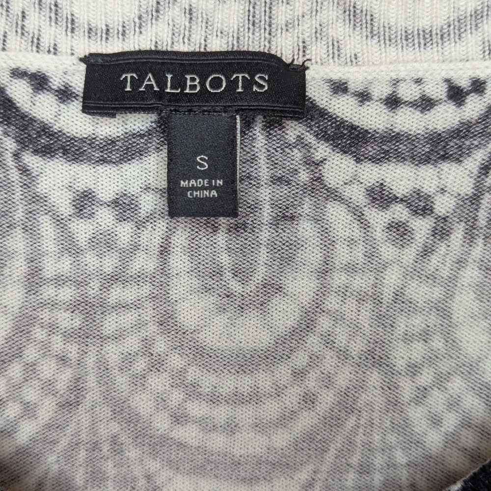 Talbots Cardigan Small Black Ivory 3/4 Sleeve Lightweight Geometric Knit Career - Picture 6 of 7